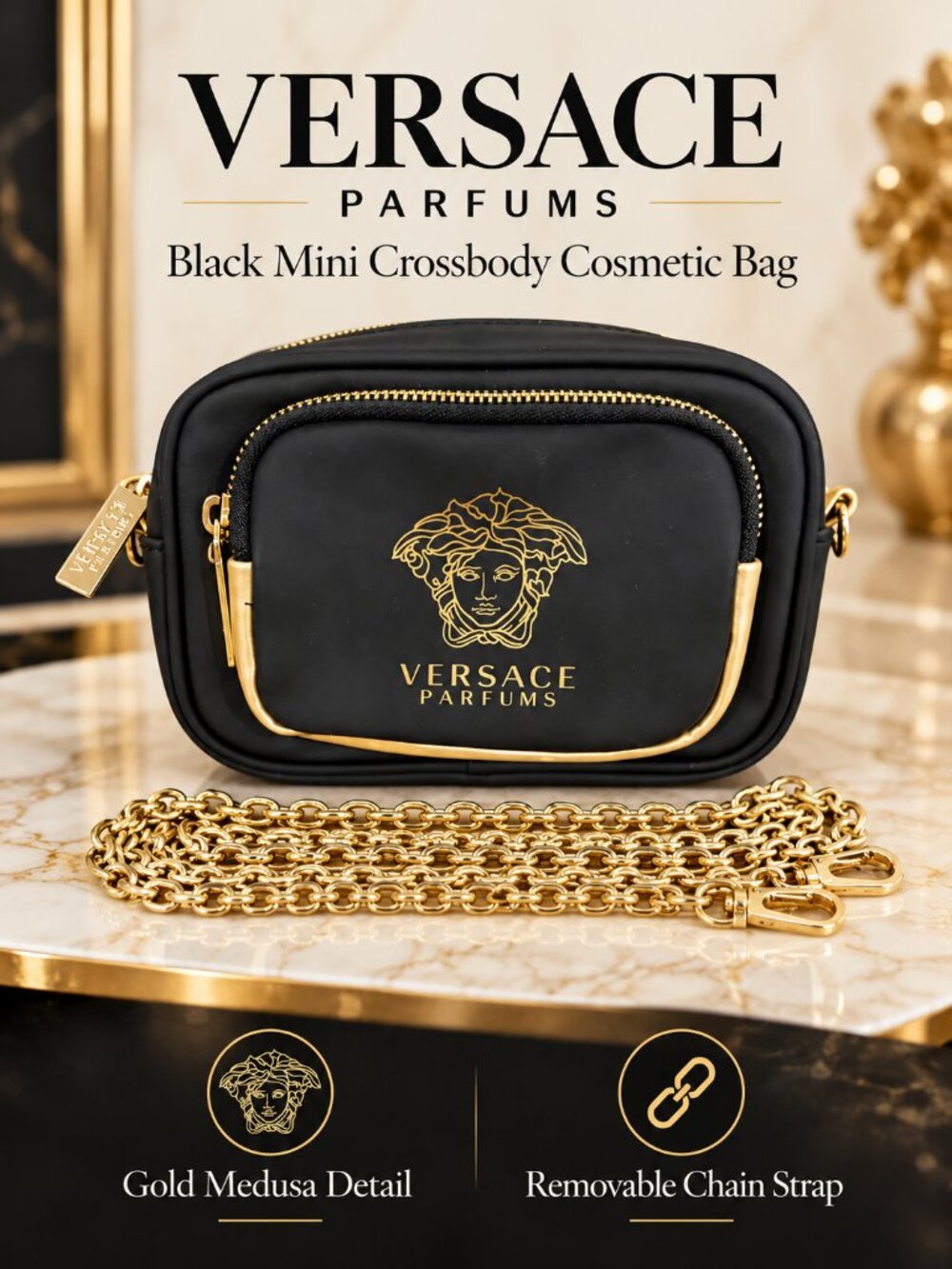 Versace Parfums Black Mini Crossbody Cosmetic Bag
